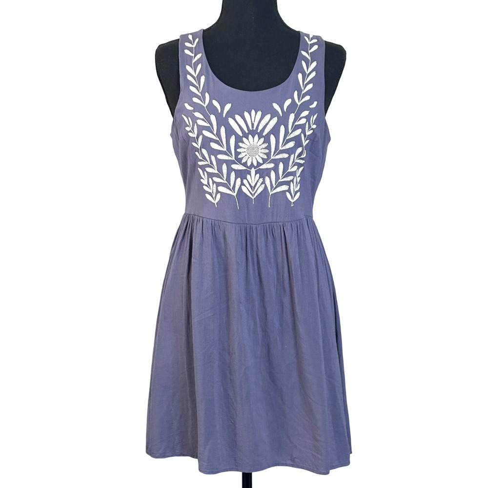 YA Los Angeles Dress Womens Large Embroidered Fit & Flare Purple Boho Cottage